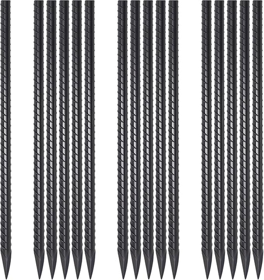 Straight Rebar Stakes 18 Inch 16 Pack Heavy Duty Steel Ground Stakes 1/2 Inch Diameter Landscape Timber Spikes with Chisel Point End for Plant Support, Concrete Form and Fence, Black