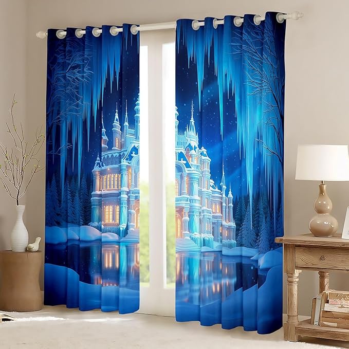 Manfei Dreamy Castle Blackout Curtains Winter Snow Scenery Window Drapes,Princess Theme Window Treatments,Kids Boys Girls Room Decor,Grommet Top 2 Panel Set Bedroom Curtains, 42Wx63L inch