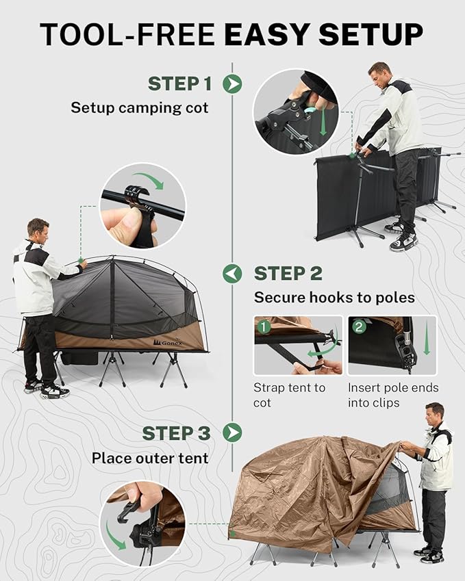 Gonex Camping Tent Cot for Adults, 1-Person Off-Ground Folding Portable Easy Set-up Tent Cot Combo Supports 350lbs for Hiking, Backpacking, Car & Motorcycle Camping(31.5" W X 78.7" L)-Khaki