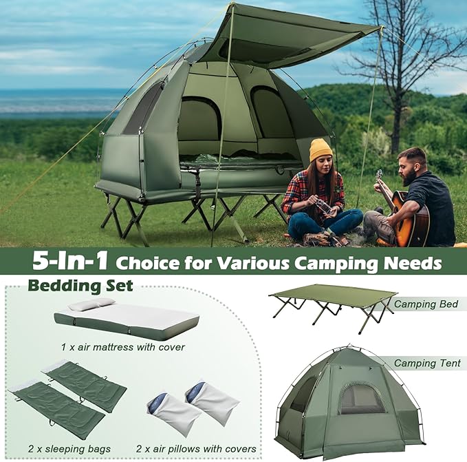 Tangkula 5-in-1 Tent Cot Combo With Awning, Air Mattress, Sleeping Bag, Pillow, Elevated Single Tent With Carrying Bag for Outdoor Camping, Hiking, Picnic, Travel