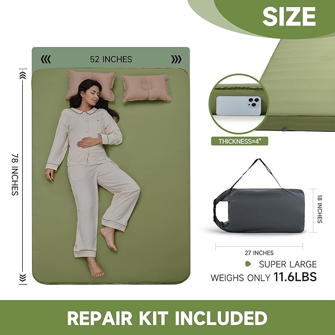 OUTSKIRT Camping Mattress, Self Inflating Sleeping Pad with Pump Sack, Foam Camping Pad for Sleeping, 4” Thickness Sleeping Mat for Camp/Travel/Car, 4 Season Camp Air Mattress