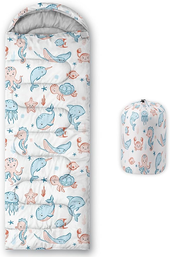 AILONEN Kawaii Puppy Sleeping Bag for Kids Boys Girls,Warm and Cool Weather,Lightweight,Waterproof Backpacking,Cartoon Cute Dog & Duck Animal Themed Blue Sleeping Bag for Camping