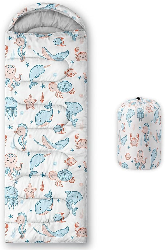 AILONEN Kawaii Puppy Sleeping Bag for Kids Boys Girls,Warm and Cool Weather,Lightweight,Waterproof Backpacking,Cartoon Cute Dog & Duck Animal Themed Blue Sleeping Bag for Camping