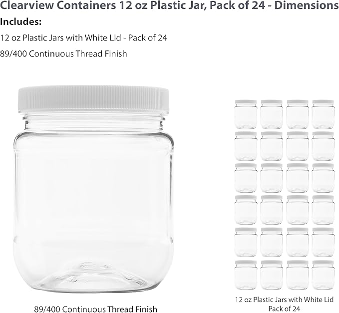 Plastic Storage Jars with Leak Proof Lids, BPA Free, Hand Wash Only (12oz Jar, 24PK)