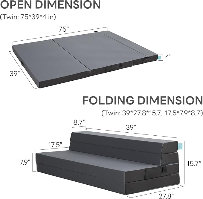 LIKIMIO Folding Mattress Twin, High Density Foam Mattress with Breathable and Washable Cover & Storage Bag, 4 Inch Foldable Mat Topper for Camping, RV and Yoga, Handle Design, Gray
