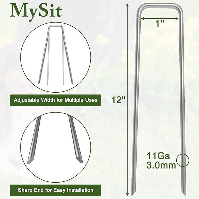 MySit 12" Garden Stakes Pins Landscape Staples 11Ga Tent Stakes 50 Pack, Heavy Duty Galvanized Steel Metal Yard Stakes Ground Lawn Staples Fence Anchors for Weed Barrier Fabric