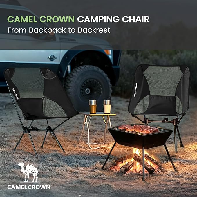 CAMEL CROWN Portable Camping Chair Lightweight Compact Folding Chair Mesh for Outdoor Camp Travel Beach Picnic Festival Hiking Backpacking Black