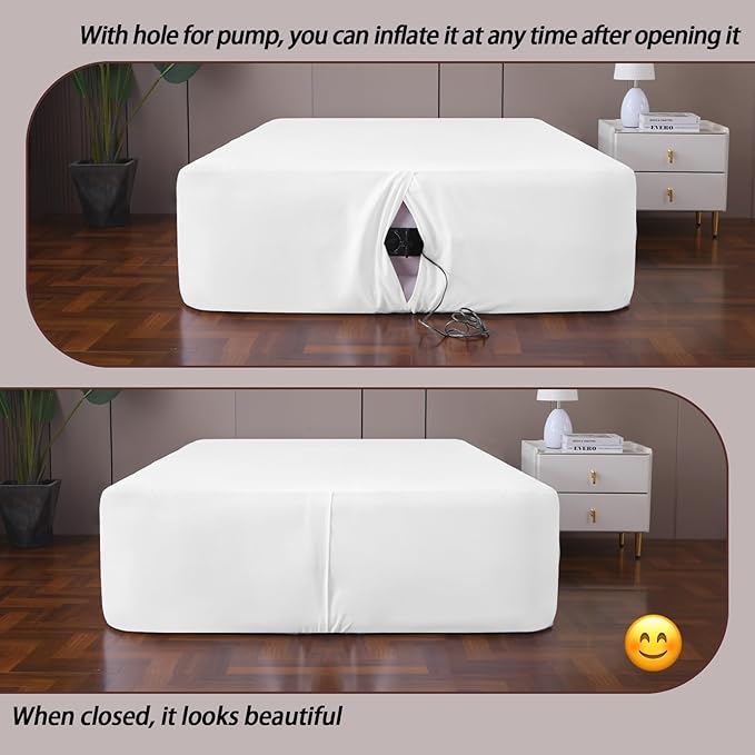 Full Fitted Sheet for Air Mattress,with 24 Inch Extra Deep Pockets,Ultra Soft Durable Breathable Bed Sheets Cover for Inflatable Air Bed,with Pump Opening,Inflate at Any Time-White