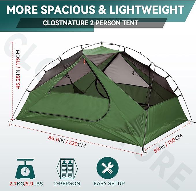 Clostnature 1/2 Person Backpacking Tent - Lightweight Two Person Tent for Backpacking, Easy Set Up Waterproof Camping Tent for Adults, Kids, Scouts, Large Size Outdoor, Hiking, Mountaineering Gear