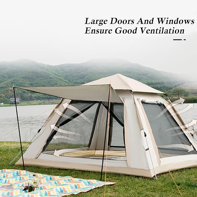 Instant Pop Up Camping Tent for 4-6 Person, 2 Mesh Windows & 2 Doors, Easy Set Up with Vestibule & Rainfly