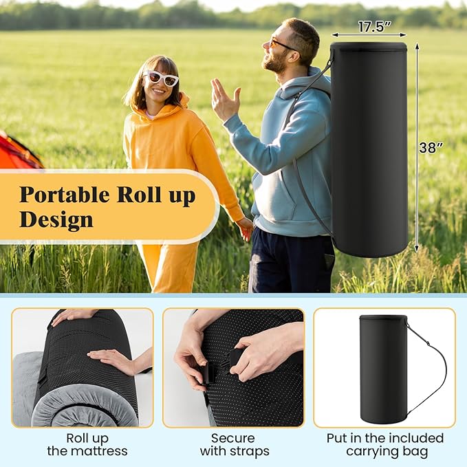 Goplus Memory Foam Camping Mattress, Portable Roll up Sleeping Pad w/Anti-Slip Bottom, Travel Bag, Single/Twin Waterproof Floor Mat, Guest Bed