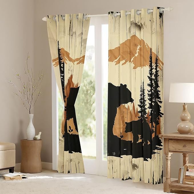 jejeloiu Rustic Wood Bear Pattern Curtains for Bedroom Living Room Bear Silhouette Mountain 30%-50% Blackout Shades Pine Tree Room Darkening Curtain Wildlife Window Treatments, 2 Panels 52 x 84 Inch