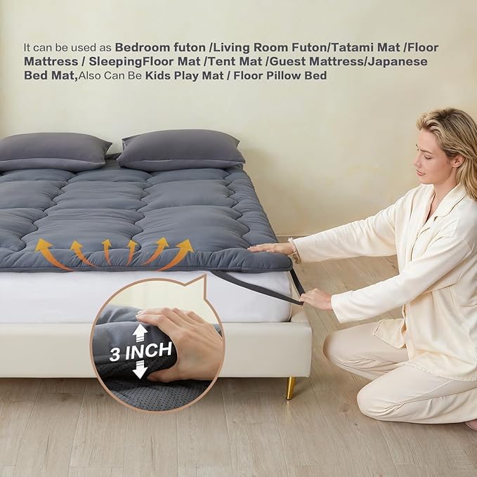 SAPHREAS Japanese Futon Mattress Floor Mattress Twin, Foldable Roll Up Bed Mattress Topper with Elastic Straps, Tatami Mat Sleeping Pad for Camping, Grey