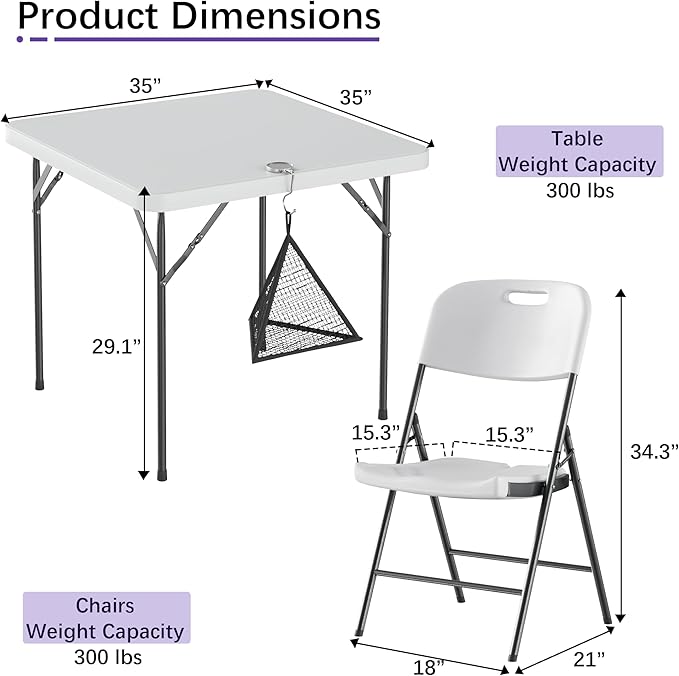 VECELO Folding Card Table Square and Chairs Set, Collapsible Legs & Portable for Indoor/Outdoor, Picnic, 5 Piece, White