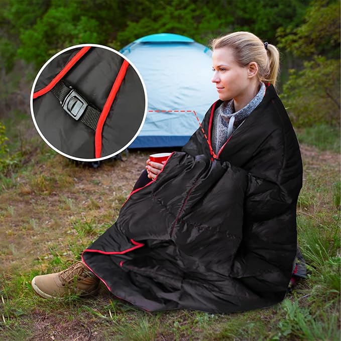 Outdoor Puffy Camping Blanket, Lightweight Down Alternative Puffy Printed Camping Large Ultra Warm Hammock Top Quilt Waterproof Blanket for Traveling Picnic Beach Party Cold Weather (Black)