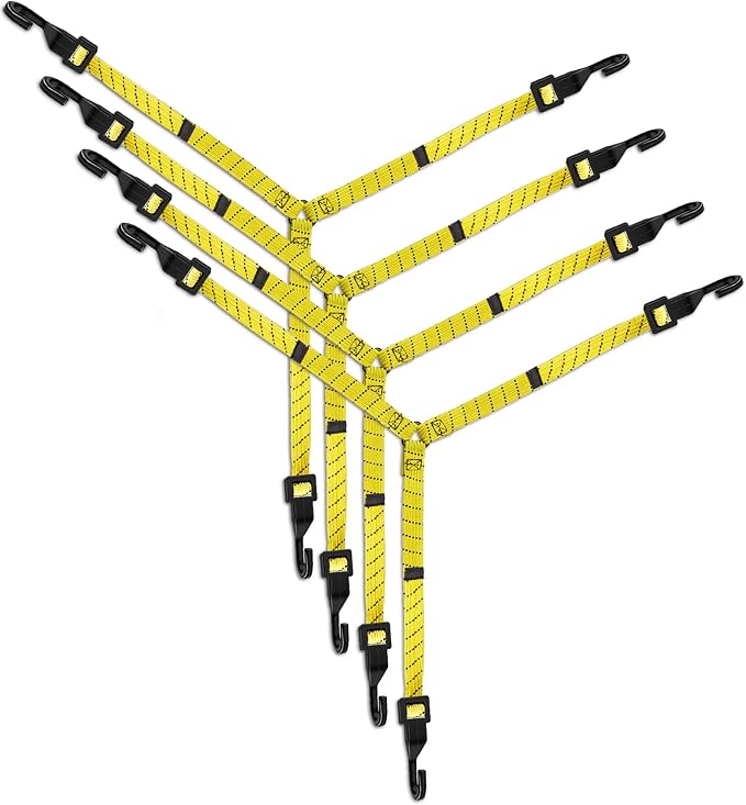 4 Pack 3 Way Flat Adjustable Bungee Cords with Hooks, Easy to Adjust The 3 Sides Length, Lucky Straps 30 Inch Black/Yellow Heavy Duty Tack Strap for Bike, Motorcycle, Roof Rack, Kayak, Cargo, etc