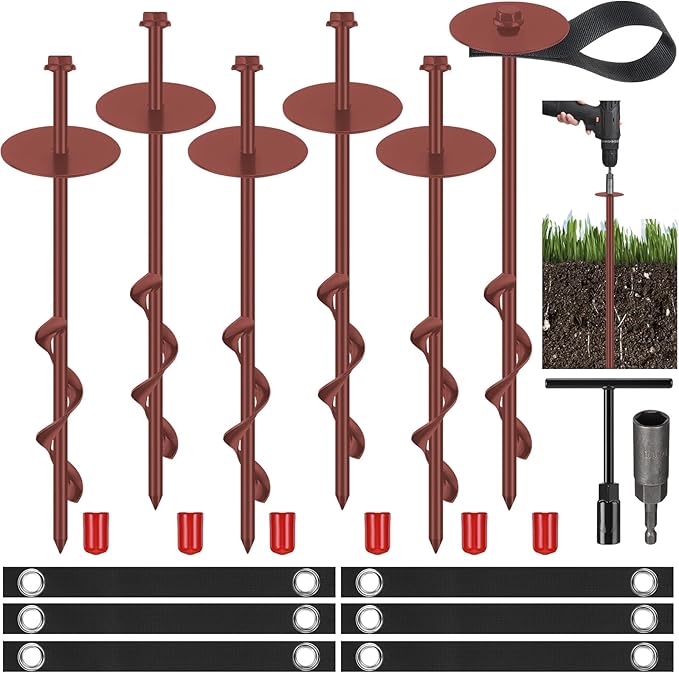 LEIFIDE 6 Set 12'' Brown Trampoline Stakes Ground Anchors Screw in Heavy Duty Trampoline Parts Spiral Stakes Earth Auger for Tents Canopies Swing Set Shed with Belt Straps