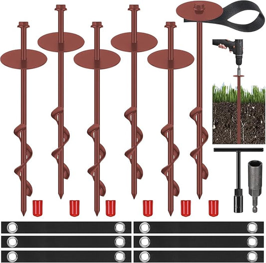 LEIFIDE 6 Set 12'' Brown Trampoline Stakes Ground Anchors Screw in Heavy Duty Trampoline Parts Spiral Stakes Earth Auger for Tents Canopies Swing Set Shed with Belt Straps