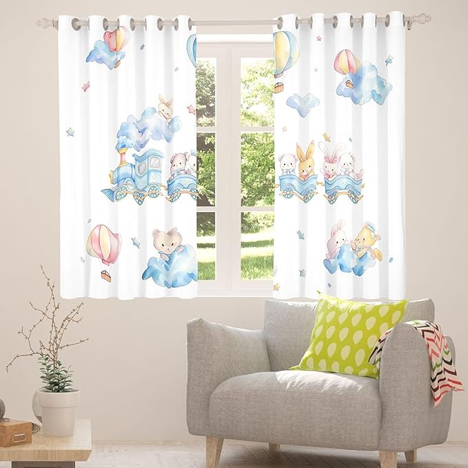 Cartoon Train Window Curtain | Cute Bear Rabbits Window Treatment Curtain for Teens Bedroom Decor,Hot Air Balloon Curtains Coquette Girly Princess Living Room Top 2 Panels,42Wx90L