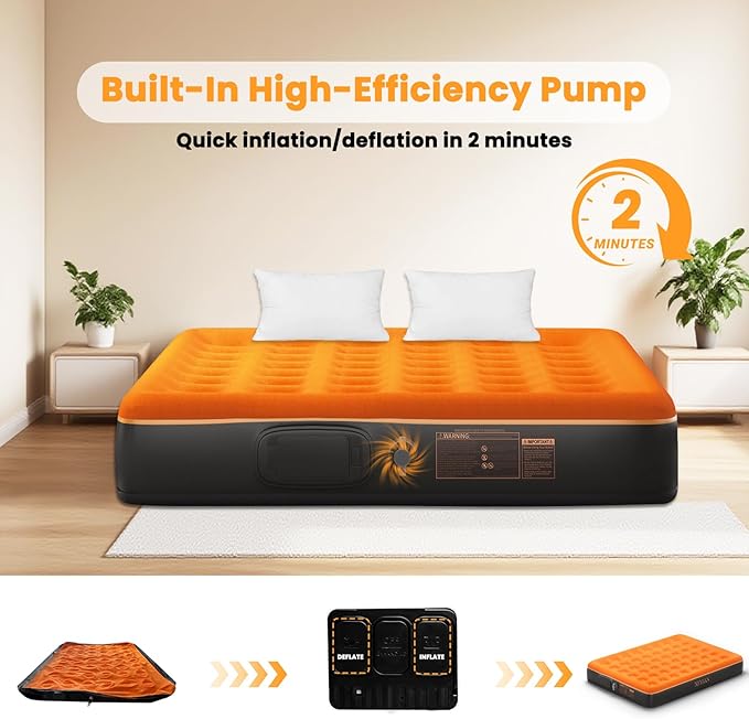 Queen Air Mattress with Built in Pump - USB Rechargeable, 10'' Comfort Blow up Mattress, Surface Portable Mattress, Air Bed for Camping, Home and Guest, 600 lbs Max
