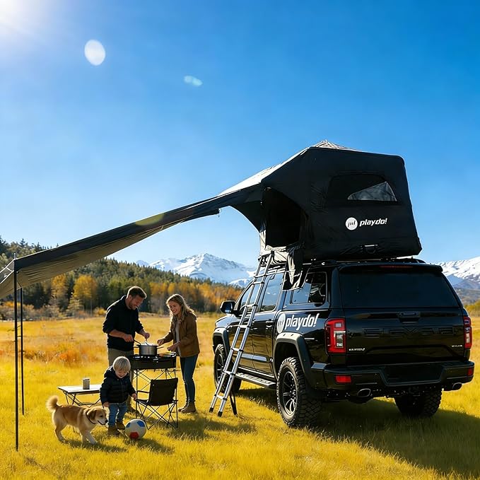 PlayDo Inflatable Rooftop Tent Easy Setup Camping Tent for The Roof of Sedans Pickup Blow Up Roof Top Tents SUV Truck Van Glamping Tent with Porch, Strip Light for 2-3 Person