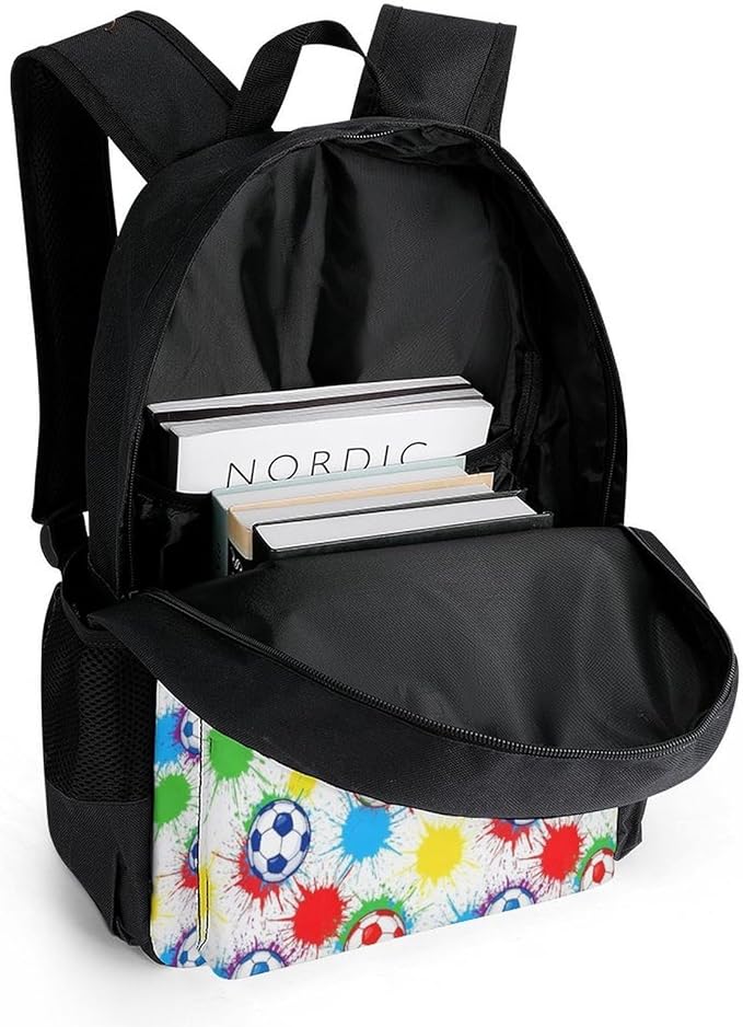 Polyester Daypack Backpack for Sports Travel Running, Big Capacity Anti-Theft Multipurpose Carry On Bag, Splash Ink Colorful Paint Football Soccer Ball Laptop Book Bag Rucksack