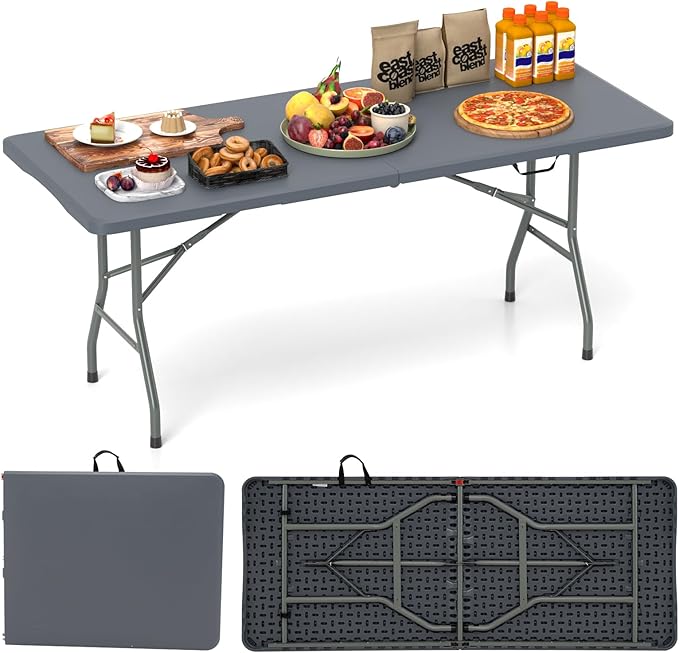 Tangkula 6 FT Folding Table, Indoor Outdoor Foldable Plastic Table with HDPE Tabletop, Sturdy Metal Fame, Carrying Handle, Heavy Duty Portable Fold-in-Half Picnic Table for Camping BBQ Party