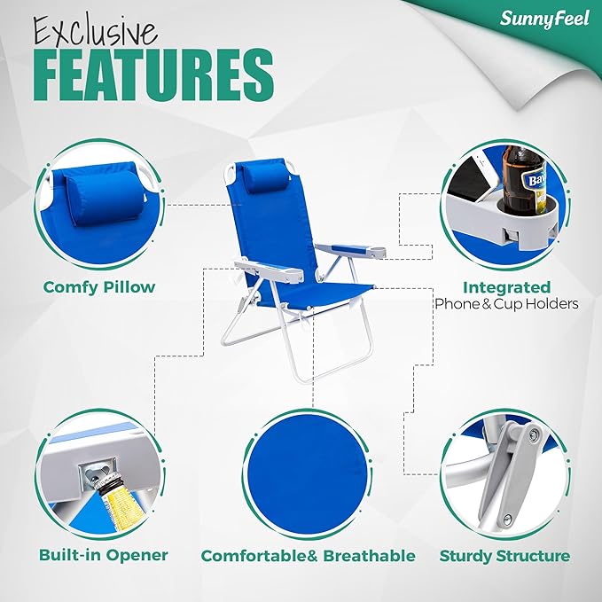 SUNNYFEEL 17" Tall Oversized Beach Chairs 2 Pack for Adults Heavy Duty 500 LBS, 5 Position, Portable High Folding Camping Chair with Cup Holder for Outdoor/Lawn/Trip, Foldable Sand Chairs for Adults
