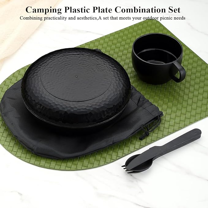 Berglander Camping Mess Kit with Bowl, Plate, Cup, Spoon, Fork, Knife and Carry Bag, Plastic Camping Accessories Essentials Gear for Travel, Camping, Picnic, Outdoor, Easy to Carry & Store