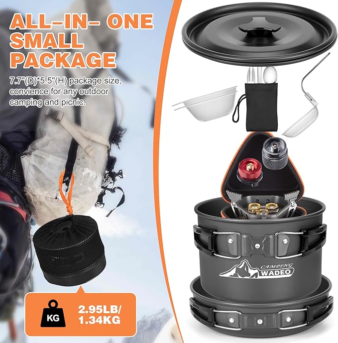 WADEO Camping Cookware Mess Kit with 7200W Camping Stove, 14PCS Non-Stick Camping Pot Pan Set with Stainless Steel Fork Knive Spoon for Camping Backpacking Hiking Outdoor Cooking and Picnic