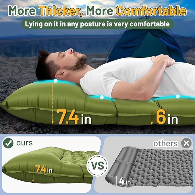 Sleeping Pad for Camping, 6" Extra Thick Double Sleeping Pad with Pillows & Built-in Foot Pump, Ultralight Camping Sleeping Mats Compact for Travel Tent Hiking Backpacking Car Camp Gear