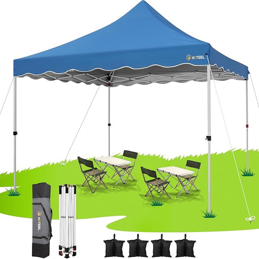 HOTEEL Canopy Tent 10x10 Pop Up Canopy, Easy Setup Canopy Tent with Sandbags, Stakes & Ropes, UPF 50+ Waterproof Outdoor Instant Portable Shelter for Party, Events, Vendor, Blue