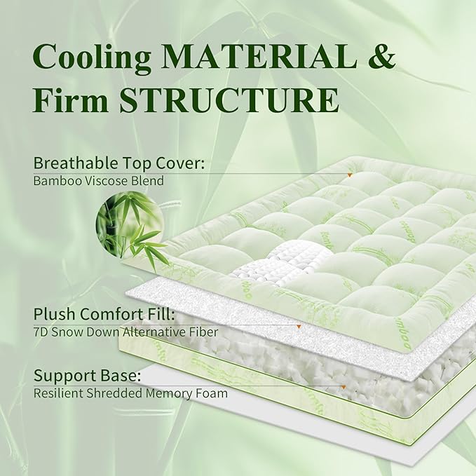 Memory Foam Mattress Topper - Viscose Made from Bamboo Pillow Top Thick Full Size Mattress Pad for Back Pain, Ultra Soft & Cooling for Hot Sleepers, 6-18'' Deep Pocket, Green
