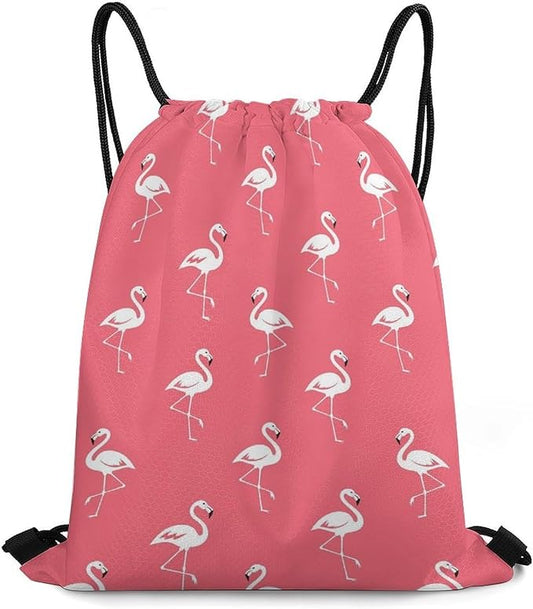 Theft Proof Drawstring Bag Water Resistant Cinch Sack Gym Sport Backpack for Travel Camping, Pink Flamingos Pattern Bags