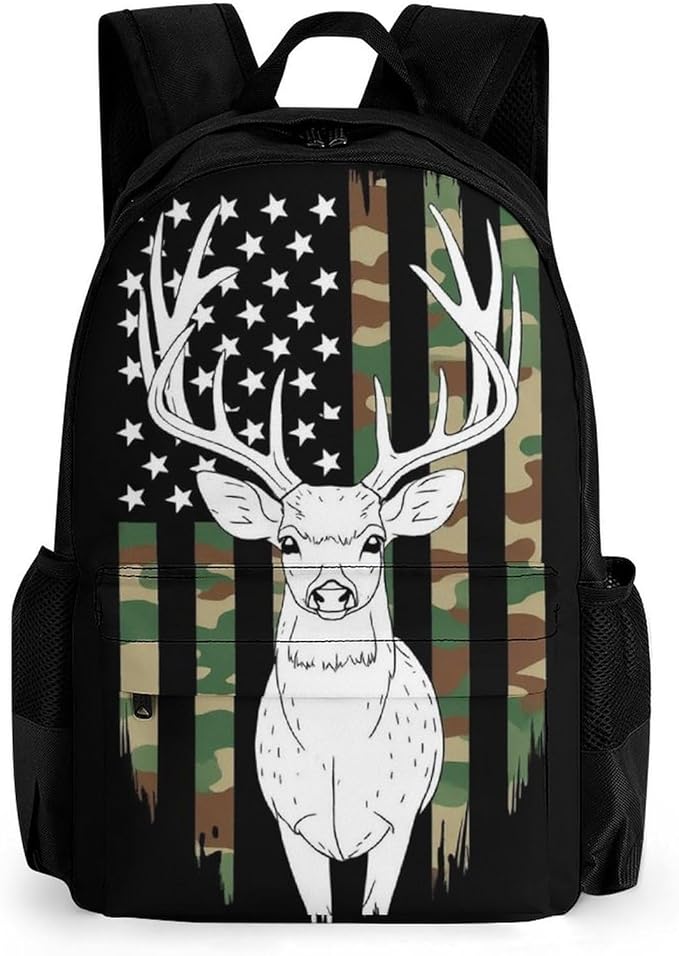 Lightweight Daypack Bookbag for Trekking Business Walking Cycling, Big Capacity Anti-Theft Multipurpose Carry On Bag, Camouflage American Flag Hunting Deer Camo Black Business Computer Bag