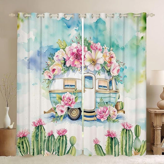 Erosebridal Girls Camper Blackout Curtains for Bedroom Living Room Camping Car Floral Window Curtains 2 Panels 52" Wx63 L Happy Camping Adventure Drapes,Rustic Pink Flowers Window Treatments