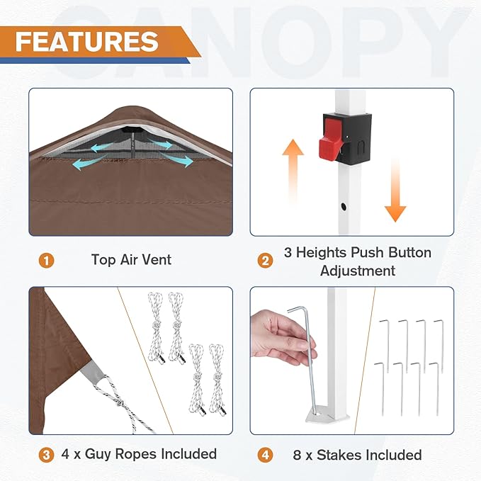 EAGLE PEAK Pop Up Canopy Tent with 1 Sidewall, Easy Setup Event Tent, Outdoor Sun Shade, Wheeled Carry Bag, Stakes and Guy Ropes, Instant Canopy 10x10, Dark Brown