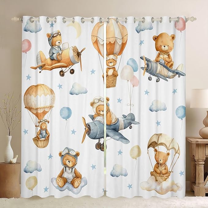 Cartoon Aircraft Window Curtain | Kids Airplane Window Drapes for Teens Woman Men Adventure Bears Bedroom Curtains Clouds Stars Balloon Living Room Decor Top 2 Panels,52Wx96L
