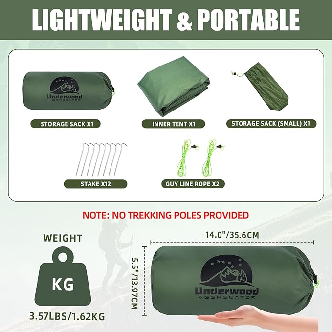 2-Person Trekking Pole Tent for Backpacking - Ultralight 2 Person Backpacking Tent, Lightweight Waterproof Two Person A-Frame Hiking Shelter for Outdoor Camping, Scouts, Trekkers (No Poles)