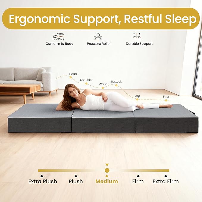 Tri Folding Mattress Full Size - 6 Inch Dual-Layer Memory Foam Foldable Mattress Portable Futon Sofa Bed with Removable Washable Cover, Handle & Non-Slip Bottom for Guest, Camping, RV, Yoga, Home Use