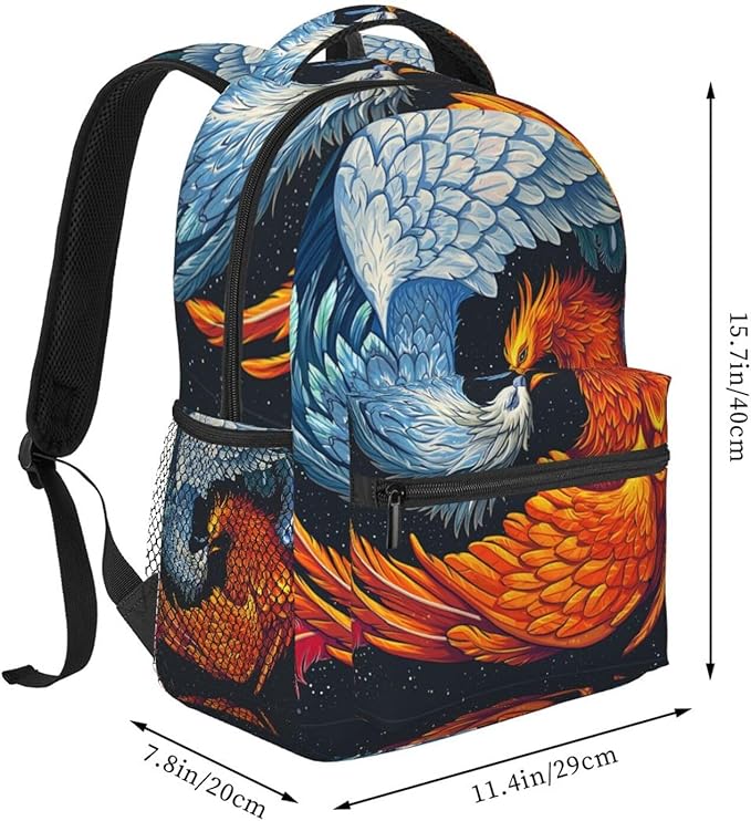 Rucksack Anti-Theft Multipurpose Big Capacity Carry On Bag, Ice Water Fire Flame Phoenix Bird Art Traveling Camping Backpack With Side Pockets