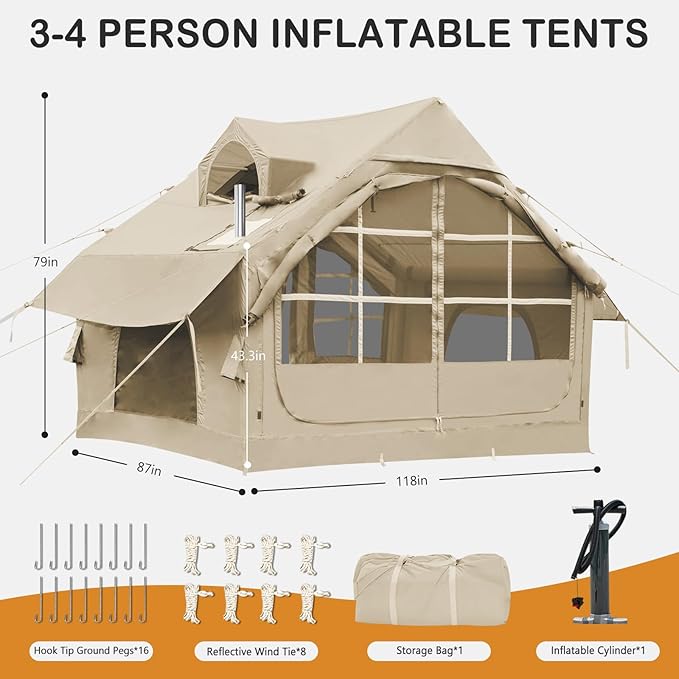 Inflatable Tents with Hand Pump Hot Tent with Stove Jack Easy Blow Up Glamping Tent with Mesh Windows, 4-6 Person Instant Family Camping Tents Waterproof for 4 Seasons