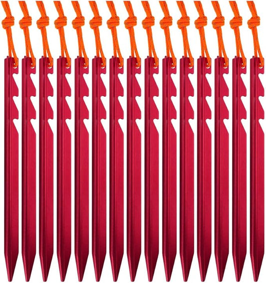 7075 Aluminum Tent Stakes 15 Pack - Ultralight Tri-Beam Tent Pegs with Reflective Rope - Essential Tent Accessories for Camping, Rain Tarps, Hiking, Backpacking