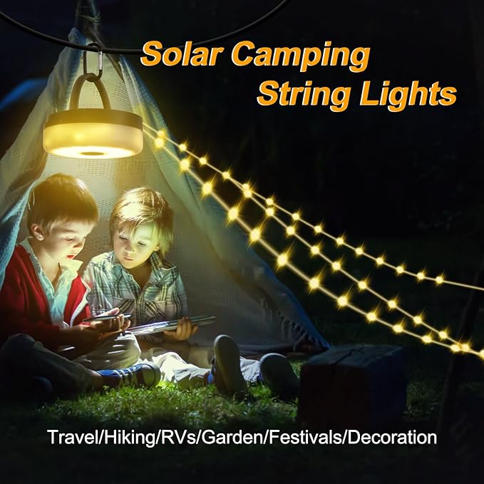 SMY Lighting 4 in 1 Solar Camping String Lights, 42.6Ft Ultra Long String with 160LEDs, Solar Powered and USB Rechargeable Light with Remote Control, Portable Camping Light for Hiking, Decorations