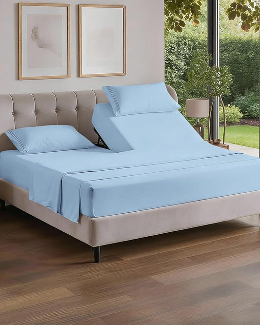 Flex Top Split Head King 4 Piece Sheet Set - Comfy Breathable & Cooling Bed Sheets Set - Hotel Luxury Bedding for Women, Men, Kids, Teens, Boys & Girls - Deep Pockets, Ultra-Soft - Oeko-Tex - Sky Blue