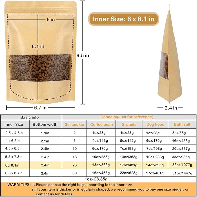 Blisstime Stand Up Pouches, 50 Pack Kraft Paper Bags with Matte Window and Tear Notch Resealable Bags for Small Business Home Use (6 x 8.1 Inches)