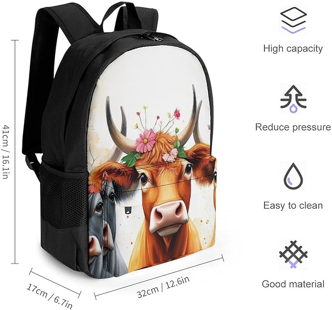 Polyester Daypack Bookbag for Gym Business Bicycle, Large Capacity Multipurpose Anti-Theft Carry On Bag, Cute Highland Cow Family Travel Hiking Daypack