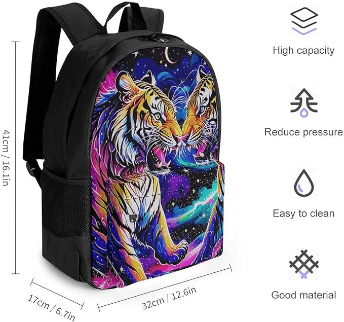 Supdreamc Daypack Backpack Anti-Theft Multipurpose Big Capacity Bookbag, Cool Tiger Universe Surreal Style Art Business Computer Bag With Side Pockets