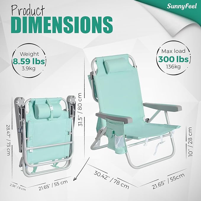 SUNNYFEEL Beach Chairs for Adults 2 Pack 5 Position Lay Flat, Portable Folding Backpack Beach Chair Heavy Duty with Cooler Bag, Cup Holder for Outdoor/Lawn/Picnic/Sand, Foldable Camping Chair