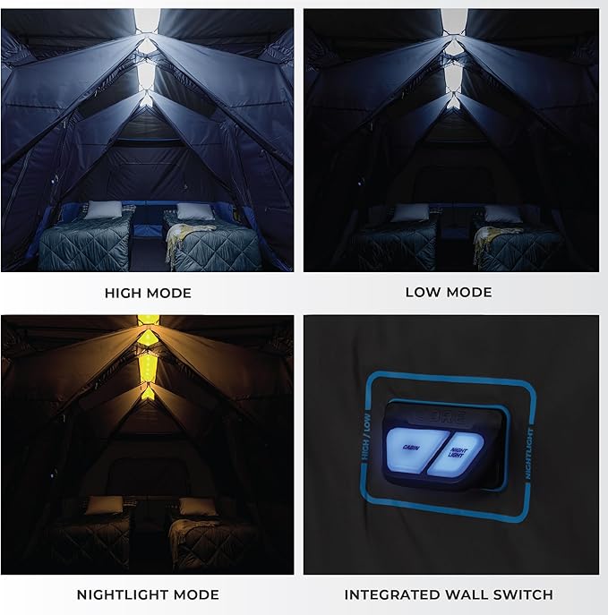 CORE Instant Cabin Tents with LED Lights | 6 Person / 9 Person / 12 Person Family Multi Room Lighted Pop Up Tents for Camping | Included Storage Pockets for Camping Accessories